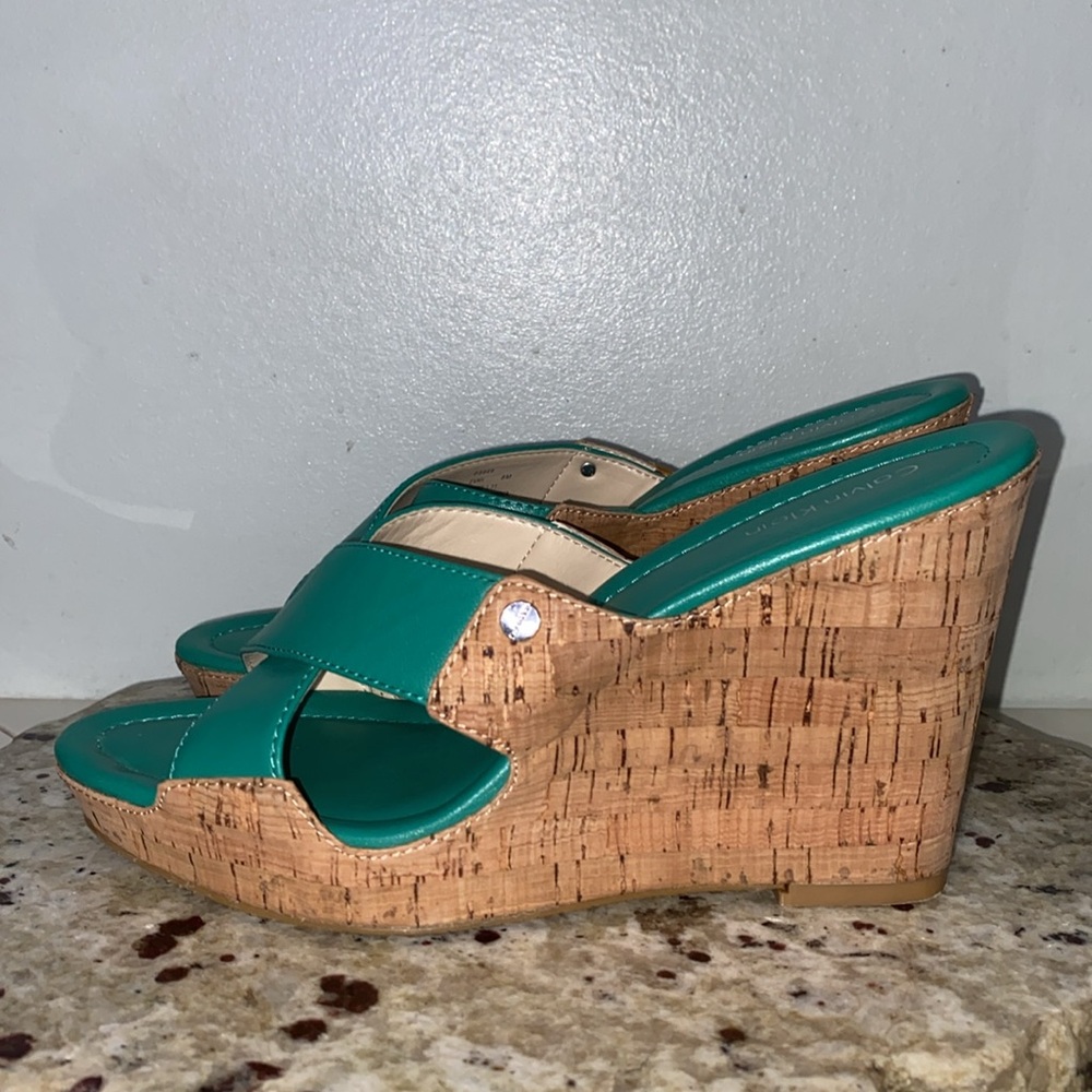 Calvin Klein EVAH Crisscross Cork Wedge Heel Open Toe Sandals Teal Size 8 - Picture 10 of 16